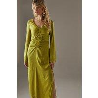 Crinkle Satin Ruched Front Column Midi Dress