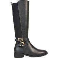 XY London Women's 'Charlie" Flat Heel Zip Up Knee High Stretchy Boots With Buckle in Black | Size: 5