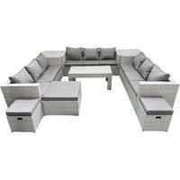 Fimous Rattan Garden Outdoor Furniture Set 12 Seater Garden Sofa Oblong Coffee Table Set with 3 Footstools 2 Side Tables Light Grey Mixed