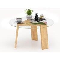 Costway Round Coffee Table Modern Center Table with Tempered Glass Top & Rubber Wood Legs in Natural