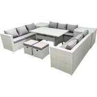 Fimous Rattan Garden Outdoor Furniture Set 11 Seater Garden Sofa Rectangulr Dining Table Set with 2 Small Footstool 2 Side Tables Light Grey Mixed