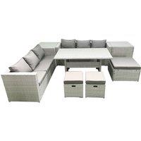Fimous Rattan Garden Furniture Set 9 Seater Outdoor Sofa Set with Dining Table 2 Side Tables 3 Footstools Light Grey Mixed