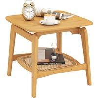 Gymax Boho Coffee Table Bamboo Sofa Side Bedside Table With Faux Rattan Shelf in Natural