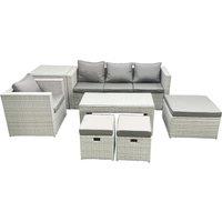 Fimous Rattan Garden Furniture Set Outdoor Lounger Sofa with Coffee Table 3 Footstools Side Table Light Grey Mixed