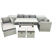 Fimous Garden Dining Set Outdoor Rattan Furniture Set with Sofa Dining Table 2 Chairs 3 Footstools 2 Side Tables Light Grey Mixed