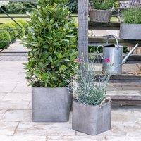 Ivyline Outdoor Galvanised Rope Handle Square Planter Set of Two in Metallic Silver