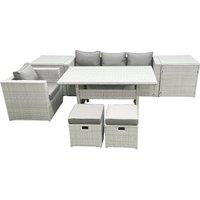 Fimous Rattan Garden Furniture Dining Set 6 Seater Lounge Sofa Chair Dining Table Set with 2 Small Footstools 2 Side Tables Light Grey Mixed