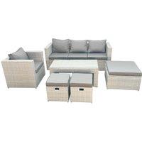 Fimous Rattan Garden Furniture Set 6 Pieces Outdoor Garden Sofa Oblong Coffee Table Set with Chair 3 Footstools Light Grey Mixed