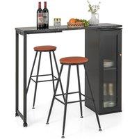 Gymax Swivel Top Bar Table & Chairs Set of 3 Dining Table Set With Cabinet in Black