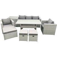 Fimous Garden Dining Set Outdoor Rattan Furniture Set with Sofa Dining Table 2 Chairs 3 Footstools Side Table Light Grey Mixed