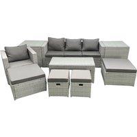 Fimous Rattan Garden Furniture Set Outdoor Lounger Sofa with Coffee Table 4 Footstools 2 Side Tables Light Grey Mixed