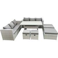 Fimous Rattan Garden Furniture Set Outdoor 10 Seater Patio Dining Sets with Glass Top Dining Table Light Grey Mixed