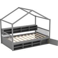 Gymax Single Size House Bed With Roof Kids Bed Frame With Storage Cubes in Dark Grey