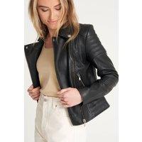 Barneys Originals Women's Leather Asymmetric Biker Jacket with Ribbed Shoulders in Black | Size: 8