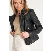 Barneys Originals Women's Leather Asymmetric Biker Jacket with Ribbed Shoulders in Black | Size: 22