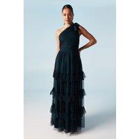 Oasis Women's Pleated Mesh One Shoulder Tiered Maxi Bridesmaid Maxi Dress in Navy | Size: 12