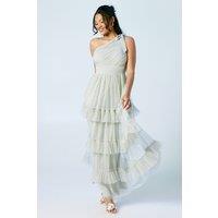 Oasis Women's Pleated Mesh One Shoulder Tiered Maxi Bridesmaid Maxi Dress in Sage | Size: 12