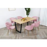 Home Garden Direct Mill Dining Set - Oak Table with 6 Velvet Chairs in Light Pink