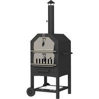 OUTSUNNY 2-in-1 Outdoor Pizza Oven 3-Tier Freestanding Charcoal BBQ Grill w/ Rain Cover, Chimney, Thermometer, Bottom Shelf, Anti-scald Handles