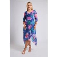 Yours Women's Floral Asymmetric Mesh Dress in Blue | Size: 18