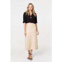 Izabel London Women's Faux Leather High Waist Midi Skirt in Beige | Size: 14