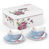 London Boutique Tea Cup & Saucer Set 2 Afternoon Tea Set New Bone China Vintage Flora Gift Box 200m (Blue) in Blue
