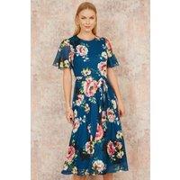 Yumi Women's Green Mesh Floral Midi Dress With Angel Sleeves | Size: 8