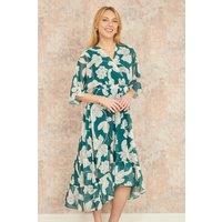 Yumi Women's Green Kimono Sleeves Midi Dip Hem Wrap Midi Dress | Size: 14