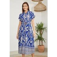 Yumi Women's Blue Abstract Geo Print Relaxed Midi Shirt Dress With Belt | Size: 16
