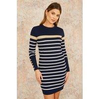 Yumi Women's Navy Striped Knitted Dress With Button Cuff Detail | Size: Medium