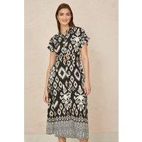 Yumi Women's Black Abstract Geo Print Relaxed Midi Shirt Dress With Belt | Size: 18