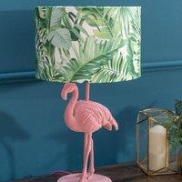 ValueLights Flo Pink Velvet Flamingo Bird Table Lamp With Tropical Palm Leaf Shade