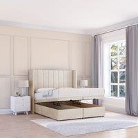 Sloomy Falcon Plush Fabric Ottoman Bed End Opening With Sprung Memory Mattress & 54 Inch Floorstanding Headboard With Wings in Cream | Size: King