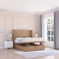 Sloomy Texas Naples Fabric Ottoman Bed End Opening With Sprung Memory Mattress & 26 Inch strut Headboard in Light Sand | Size: Small Double