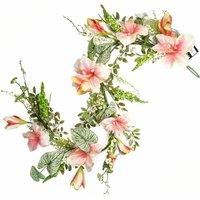 Leaf 180cm Artificial Hanging Pink Lily Plant Realistic Garland Trailing in Green