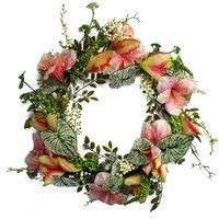 Leaf 60cm Artificial Pink Lily Flower Wreath in Green
