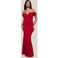 Goddiva Women's Diamante Heart Trim Evening Maxi Dress in Red | Size: 14
