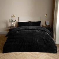OHS Ribbed Duvet Cover Faux Fur Winter Warm Bedding Set in Black | Size: Double