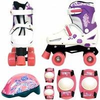 Rexco Girls Pink White Quad Skates Safety Pads Helmet Set Medium 13-3 (31.5-34.5 EU)
