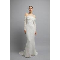 Coast Women's Honoured Sequin Draped Bardot Long Sleeve Maxi Wedding Dress in Ivory | Size: 10