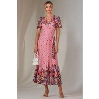 Jolie Moi Women's Mirror Print Mesh Wrap Maxi Dress in Pink | Size: 14