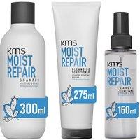 KMS Moist Repair Shampoo 300ml, Cleansing Conditioner 275ml & Leave-In Conditioner 150ml in Clear