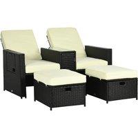 OUTSUNNY Recliner Rattan Sun Lounger w/ Storage Tea Table & Footstools in Black