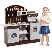 Costway Kids Kitchen Set Wooden Kitchen Playset with Clock & Microwave-Coffee in Brown