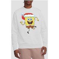 Spongebob Men's Squarepants Christmas Santa Hat Crew Sweatshirt, White | Size: Small