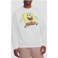 Spongebob Men's Happy Running Crew Sweatshirt, White | Size: Medium
