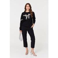 Izabel London Women's Sequin Bow Print Long Sleeve Jumper in Black | Size: 12