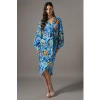 Printed Tie Front Wrap Jacquard Dress