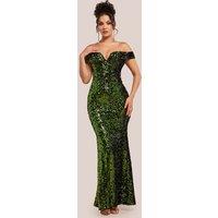 Goddiva Women's Sequin Velvet Bardot Evening Maxi Dress in Olive | Size: 12