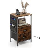 Gymax Side Table Nightstand With Charging Station 2 Drawers & 6 Side Pockets in Brown